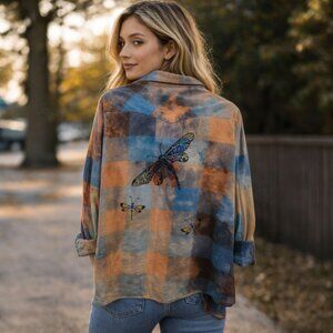 Upcycled Hand Painted Dragonfly Flannel Shirt - Bleached Blue Orange 3XL